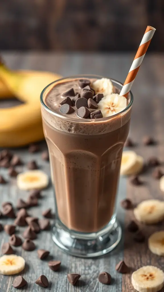 A glass of Nutty Chocolate Banana Smoothie topped with banana slices and chocolate chips