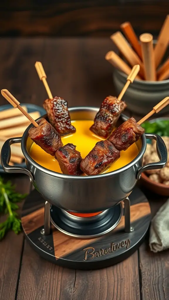 A pot of melted cheese with steak bites on skewers ready for dipping.