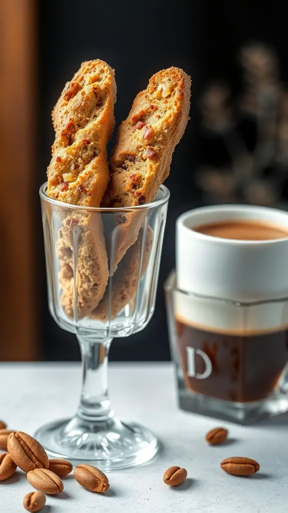 Nutty biscotti in a glass with a cup of coffee beside it
