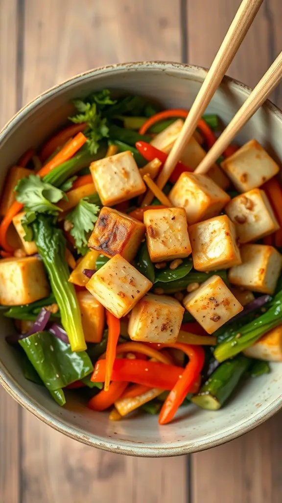 A bowl of colorful vegetable stir-fry with tofu, featuring bell peppers, green onions, and greens, served with chopsticks.