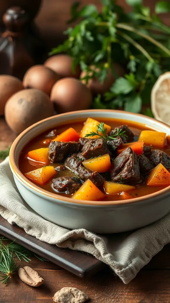 A bowl of hearty beef stew with root vegetables, garnished with fresh herbs.