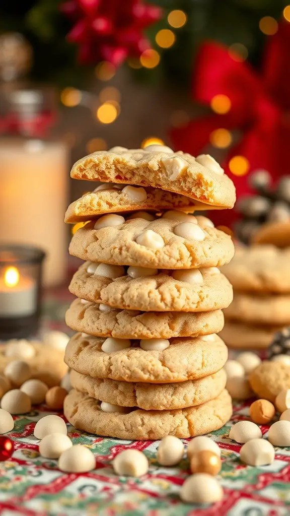 A stack of white chocolate macadamia nut cookies with festive decorations in the background.