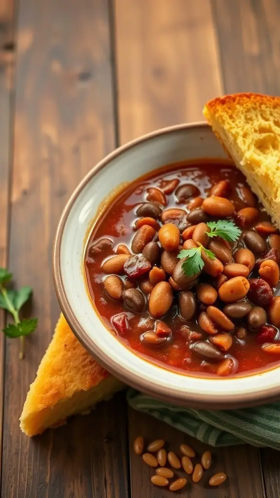 A bowl of hearty bean chili with cornbread on the side, showcasing a variety of beans and vibrant colors.