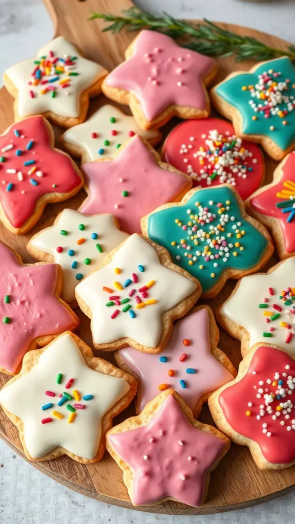 Colorful star-shaped cookies with icing and sprinkles on a wooden board.