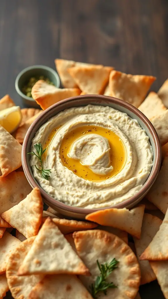A bowl of lemon garlic hummus surrounded by crispy pita chips.