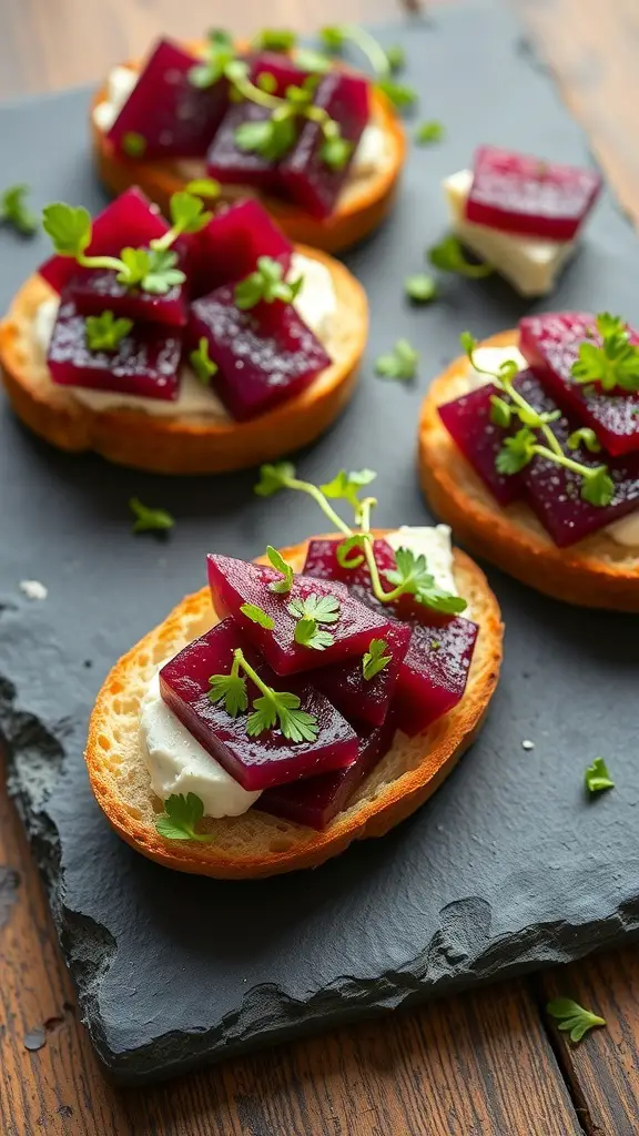 Crostini topped with beetroot cubes and goat cheese on a slate board.