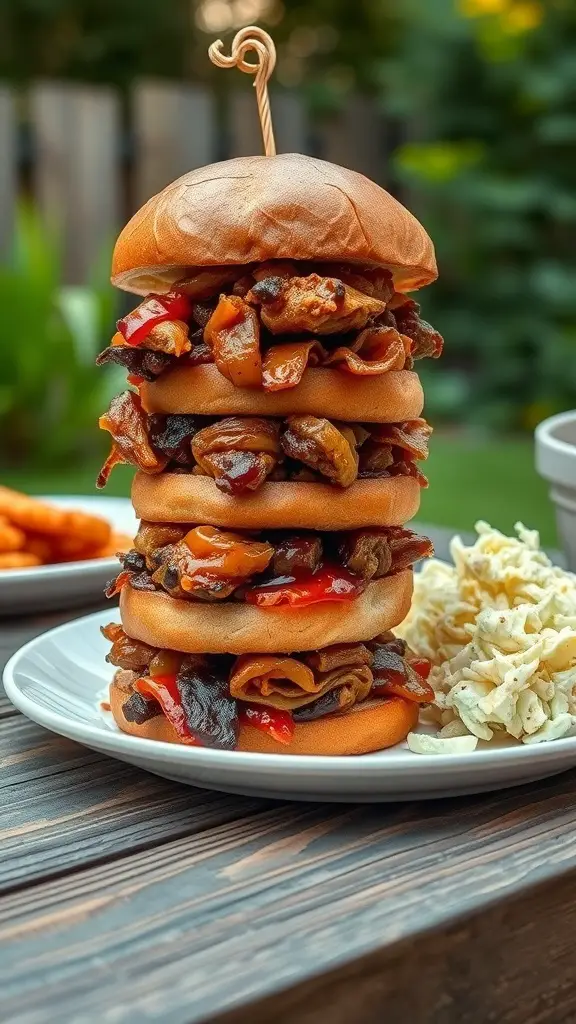 A stack of BBQ chicken sandwiches with sauce and toppings on a plate.