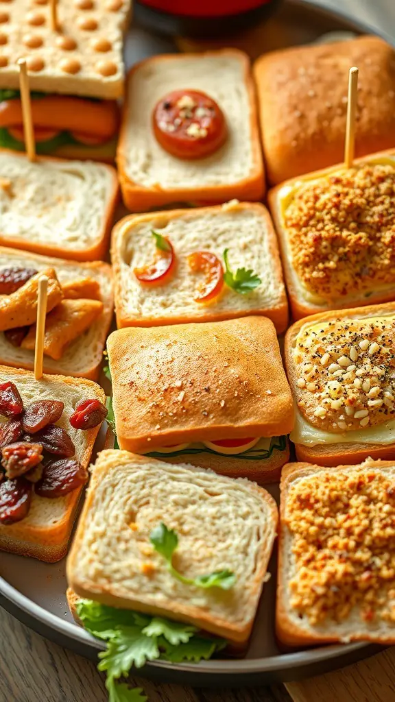 A platter of assorted mini sandwiches with various toppings and fillings.