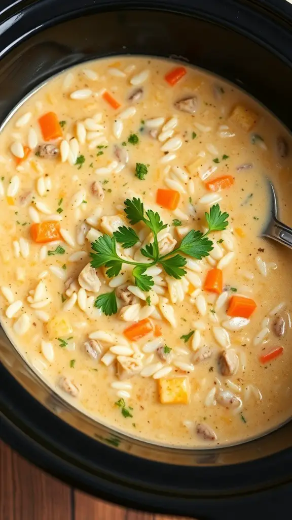 A bowl of creamy turkey and wild rice soup with vegetables, garnished with parsley.