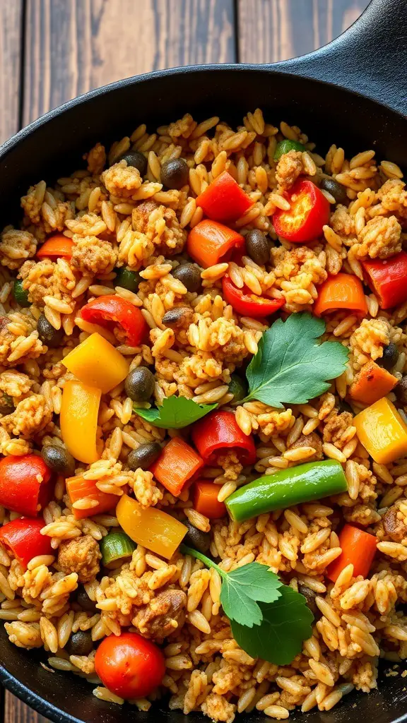 A colorful vegan jambalaya with brown rice, featuring bell peppers, tomatoes, and herbs in a skillet.
