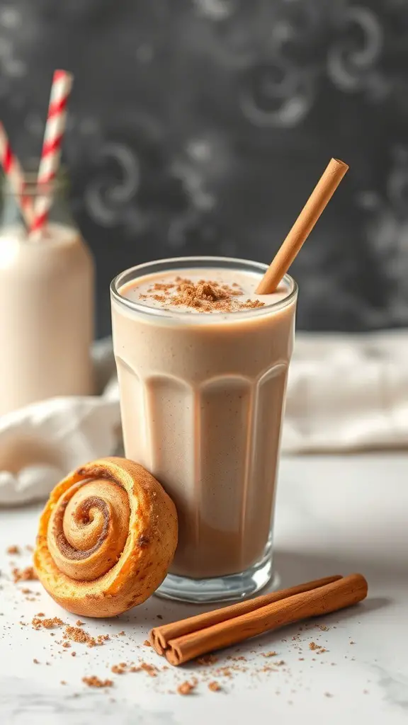 A creamy cinnamon roll breakfast smoothie in a glass, with a cinnamon roll and cinnamon sticks beside it.