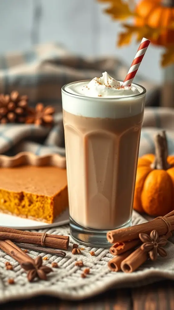 A delicious Pumpkin Spice Protein Shake with whipped cream, a striped straw, and pumpkin-themed decorations.