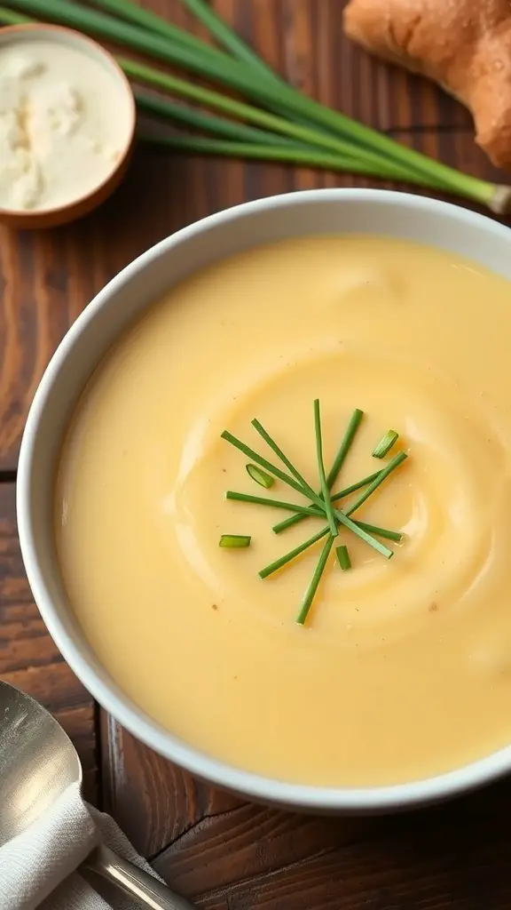 A bowl of creamy potato leek soup garnished with chives, with a side of bread and a small bowl of cream.
