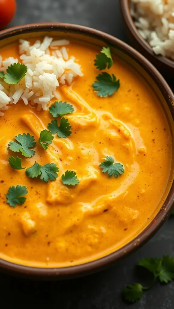 A bowl of spicy condensed milk curry sauce garnished with rice and cilantro.
