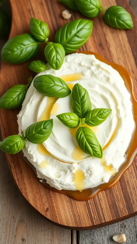 A creamy almond ricotta topped with fresh basil leaves and olive oil on a wooden board.