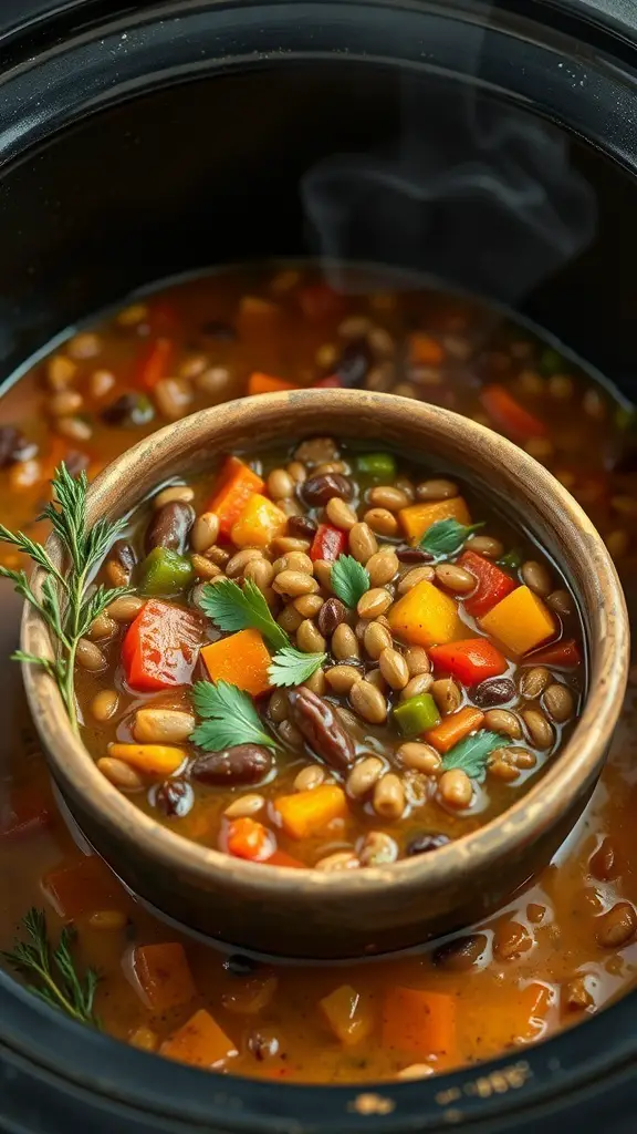 A bowl of lentil and vegetable stew in a slow cooker, featuring colorful vegetables and herbs.