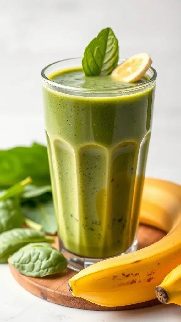 A refreshing green spinach and banana smoothie in a glass, garnished with a slice of lemon and mint leaves, with bananas and spinach leaves in the background.
