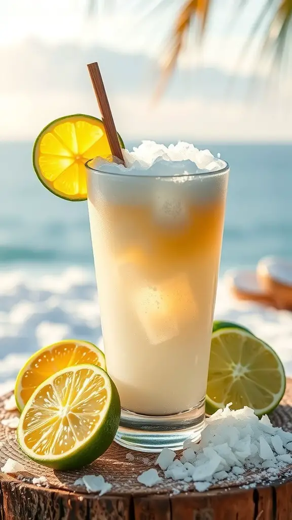 A refreshing Coconut Lime Cooler mocktail with lime slices, ice, and a beach backdrop.