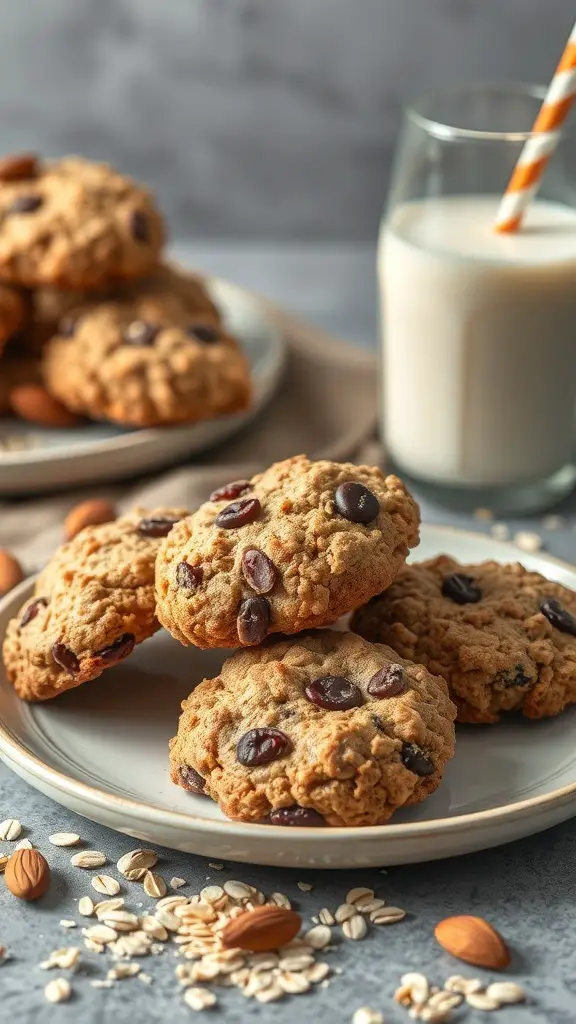 Plate of Nutty Oatmeal Raisin Delights cookies with chocolate chips, surrounded by almonds and oats, next to a glass of milk.