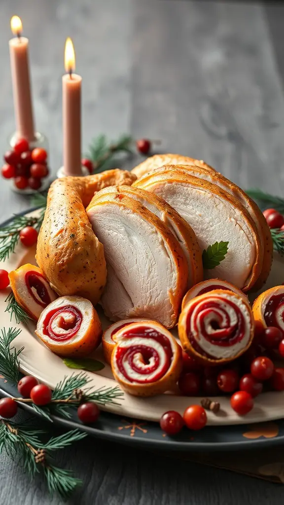 Turkey and cranberry pinwheels on a festive platter with candles and cranberries