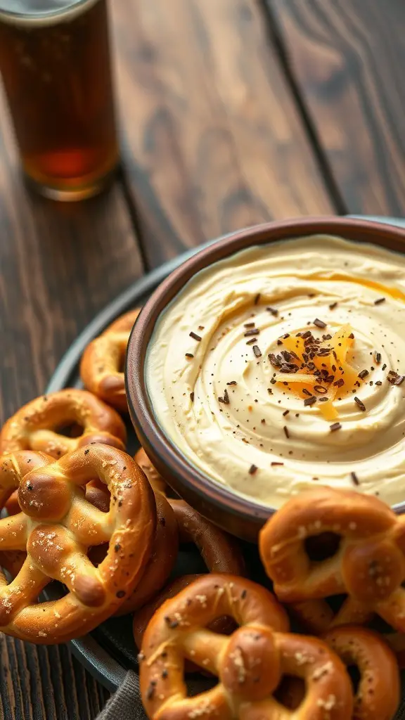 A bowl of cheddar beer dip surrounded by pretzels and a glass of beer