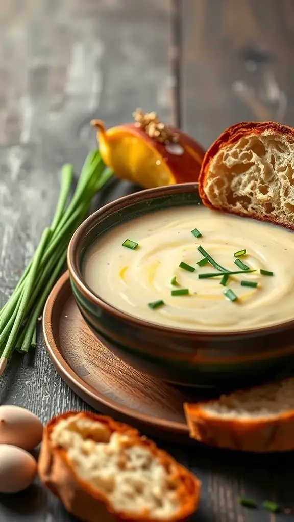 A bowl of creamy potato and leek soup garnished with chives, accompanied by slices of bread and fresh ingredients.