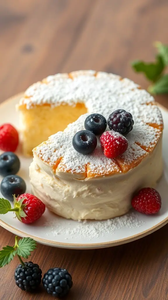 A slice of vanilla sponge cake topped with powdered sugar and fresh berries on a plate.