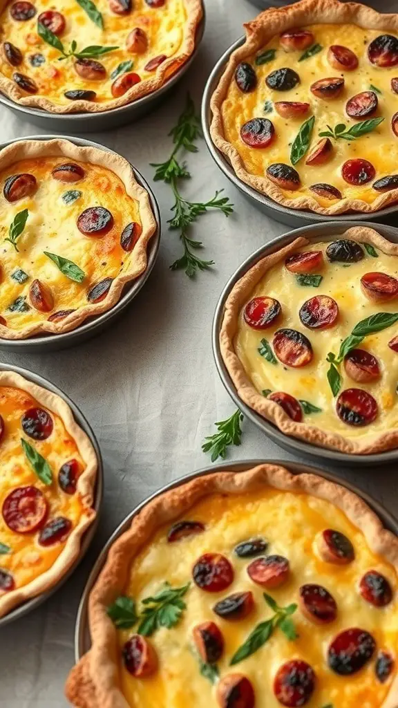 An assortment of savory quiches with various toppings, including herbs and colorful ingredients.