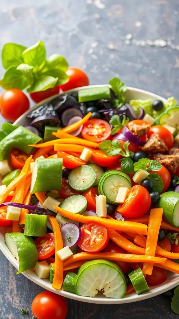A vibrant salad platter featuring a mix of colorful vegetables like tomatoes, cucumbers, bell peppers, and carrots.