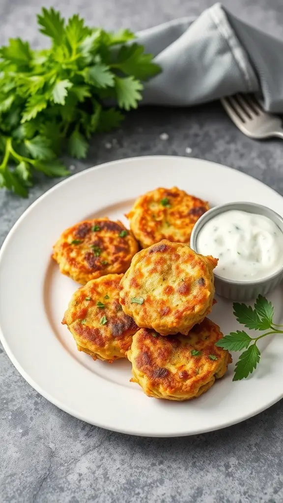 A plate of zucchini fritters served with tzatziki sauce and garnished with fresh herbs.