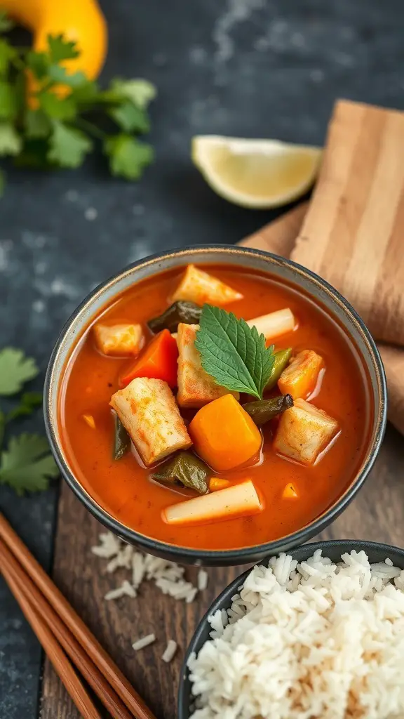 A bowl of Thai Red Curry with Vegetables, garnished with mint leaves, served with rice.