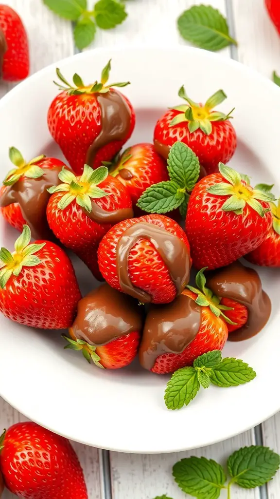 A plate of strawberries filled with Nutella, garnished with mint leaves.