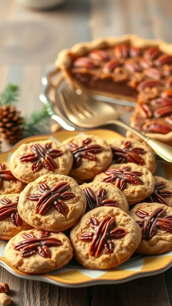 A plate of pecan pie cookies topped with pecans and caramel drizzle.