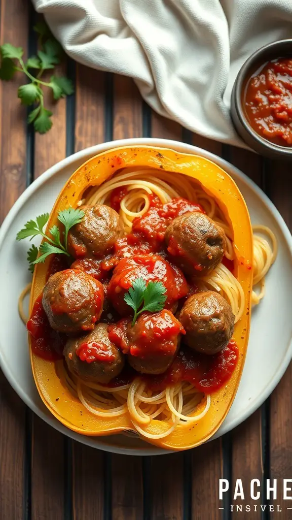 A plate of spaghetti squash topped with meatballs and tomato sauce, garnished with fresh herbs.