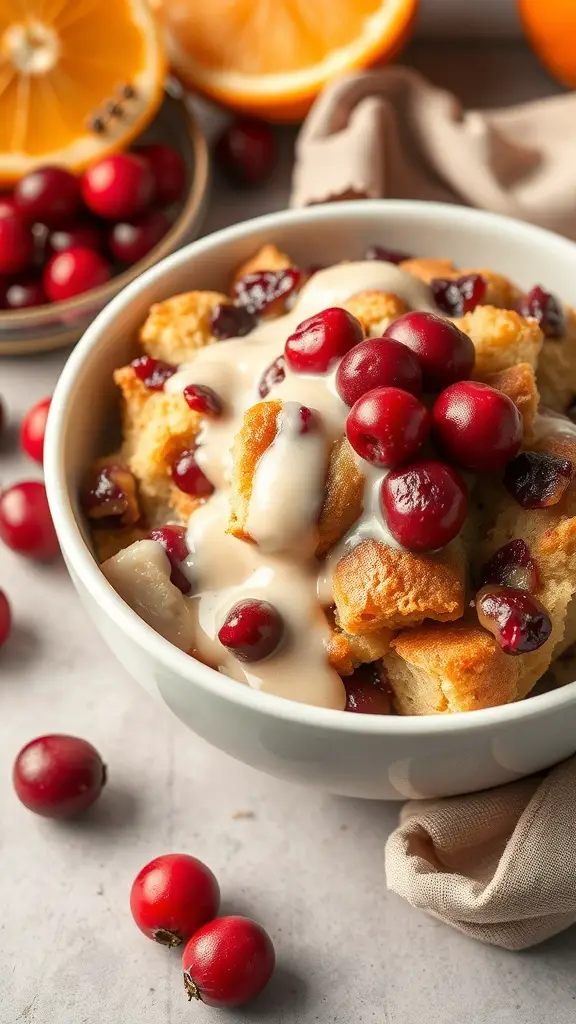 A bowl of cranberry orange bread pudding topped with cranberries and a creamy sauce, with oranges in the background.