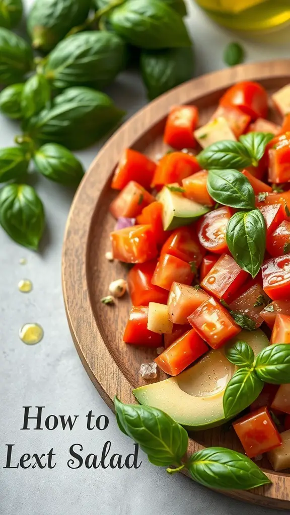 A colorful Tomato and Basil Avocado Salad with fresh ingredients on a wooden plate.