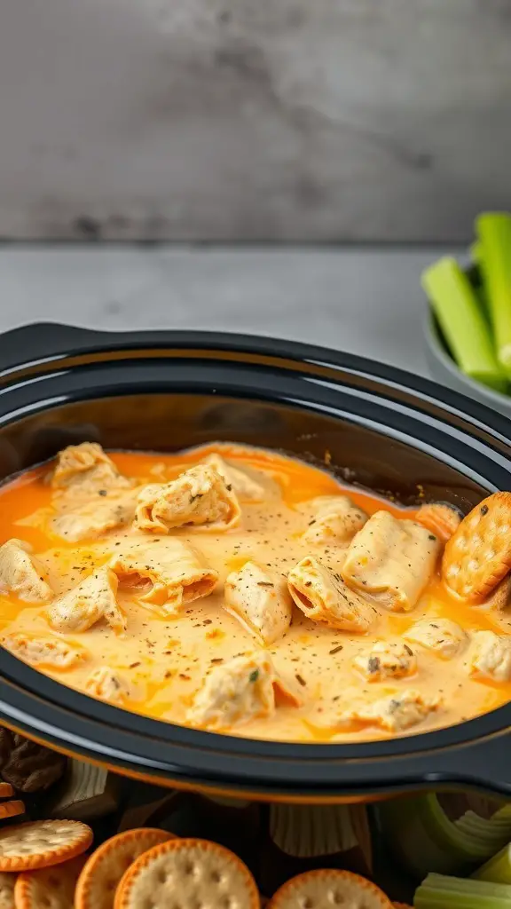 A warm buffalo chicken dip in a crockpot, surrounded by crackers and celery sticks.