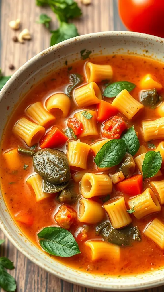 A bowl of minestrone soup with pasta and vegetables