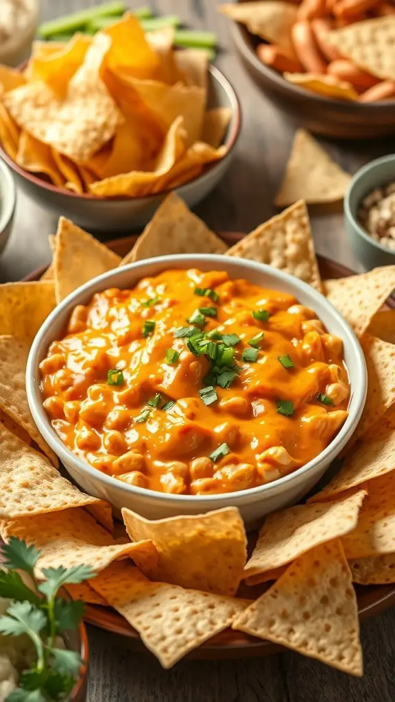 A bowl of Buffalo Chicken Dip surrounded by tortilla chips, perfect for a potluck.