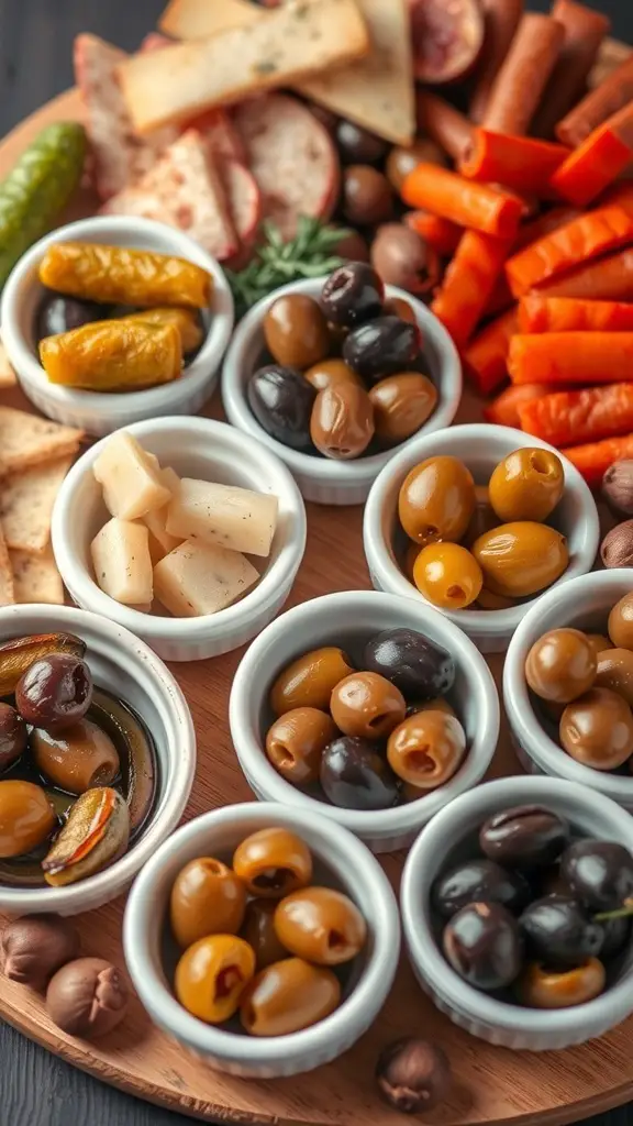 A selection of pickles and olives on a charcuterie board, featuring various types of olives in small bowls and pickles arranged attractively.