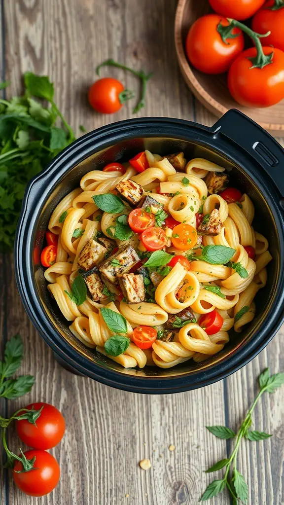 A bowl of Vegetable Medley Pasta with cherry tomatoes and grilled vegetables