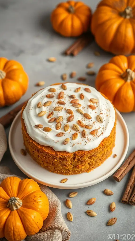 A pumpkin cake with white frosting and pumpkin seeds on top, surrounded by small pumpkins and cinnamon sticks.