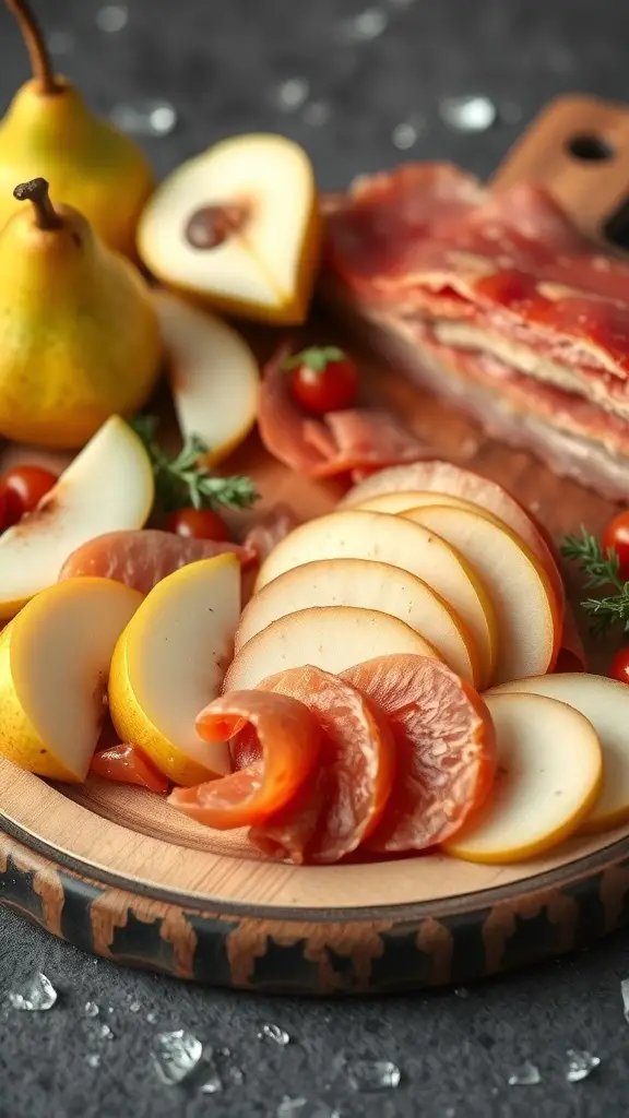 A charcuterie board featuring duck prosciutto and fresh pears, beautifully arranged with cherry tomatoes and herbs.