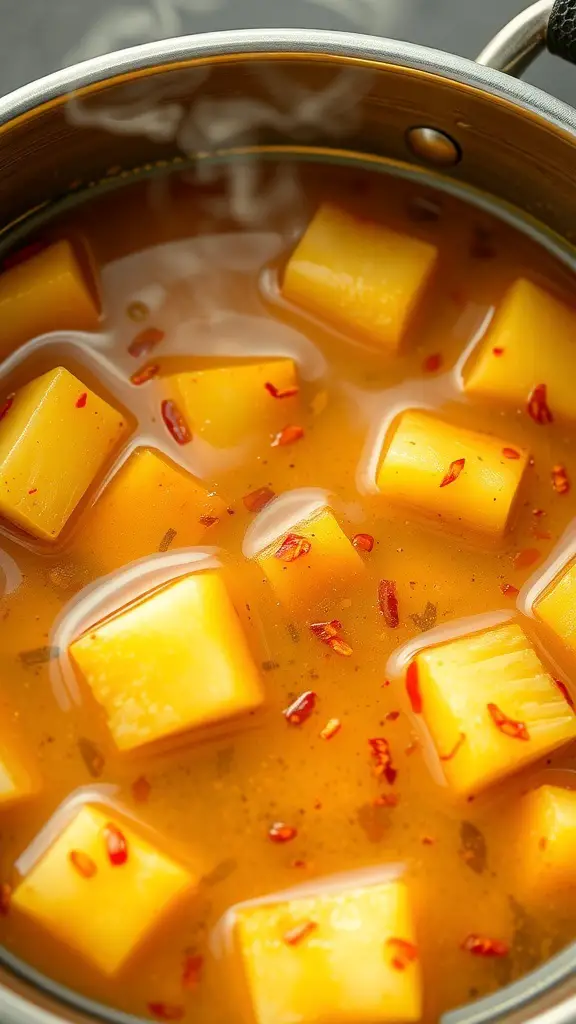 A pot of sweet and spicy pineapple fondue broth with pineapple chunks and red chili flakes.