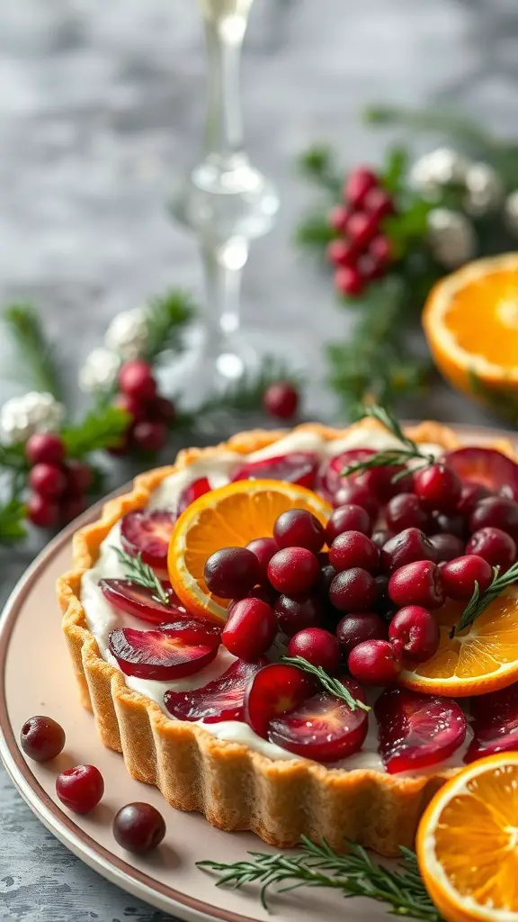 A beautifully arranged cranberry orange tart with fresh cranberries and orange slices on top, set against a festive background.