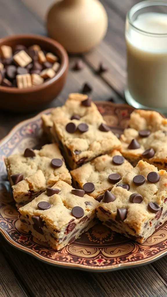 A plate of chocolate chip cookie bars with chocolate chips on top, alongside a glass of milk.