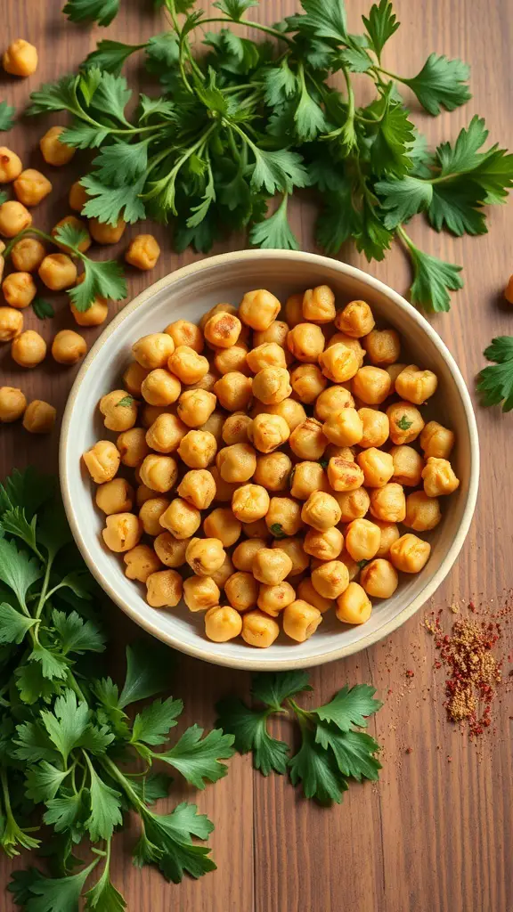 A bowl of crispy chickpeas surrounded by fresh cilantro and spices.