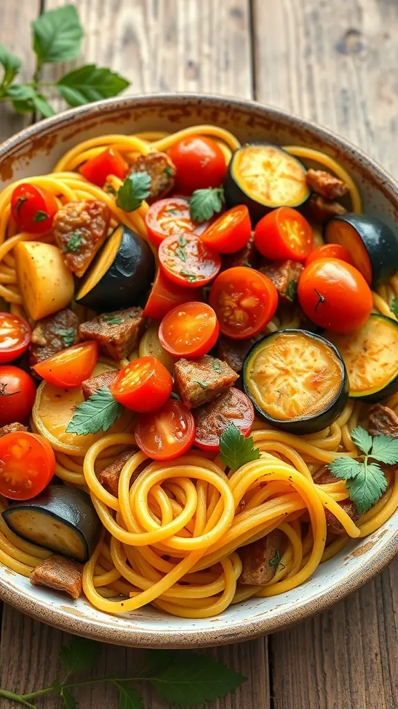 A bowl of spaghetti squash ratatouille with cherry tomatoes and fresh herbs.