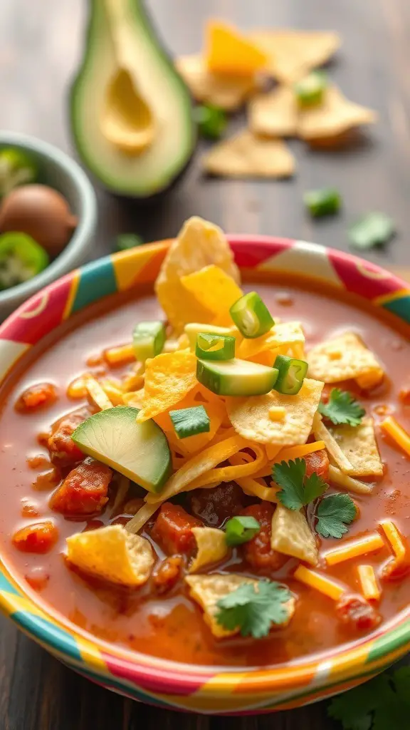 A colorful bowl of taco soup topped with tortilla chips, cheese, and green onions, with avocado and other toppings in the background.