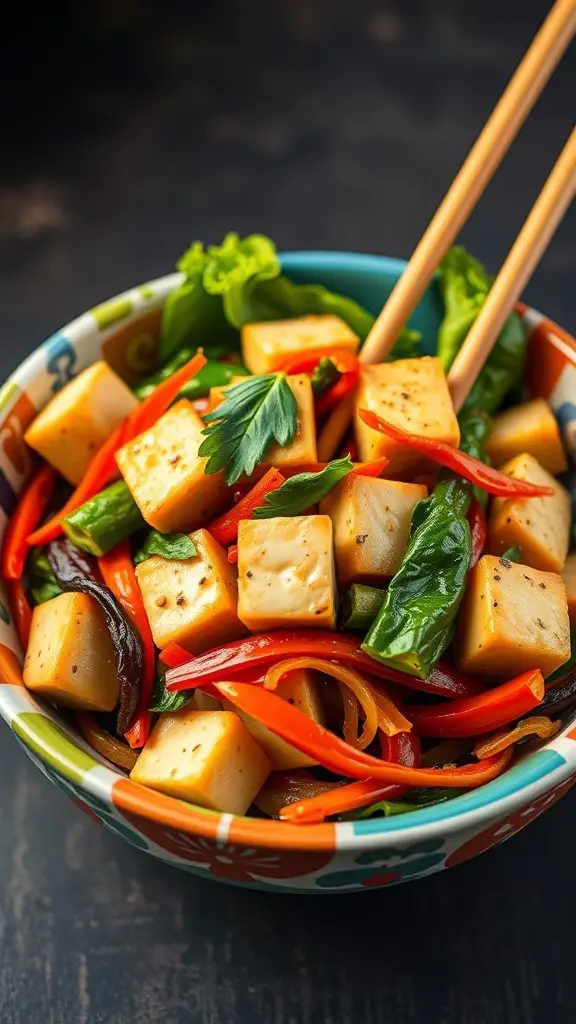 A colorful bowl of vegetable stir-fry with tofu, featuring bell peppers, spinach, and onions, served with chopsticks.